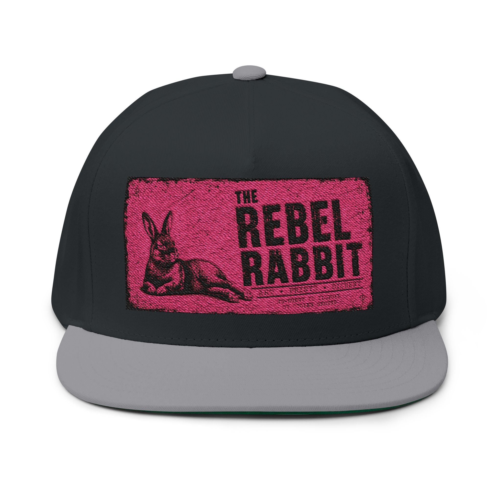 Rebel Rabbit Flat Bill Cap — Embroidered Pink Logo Snapback