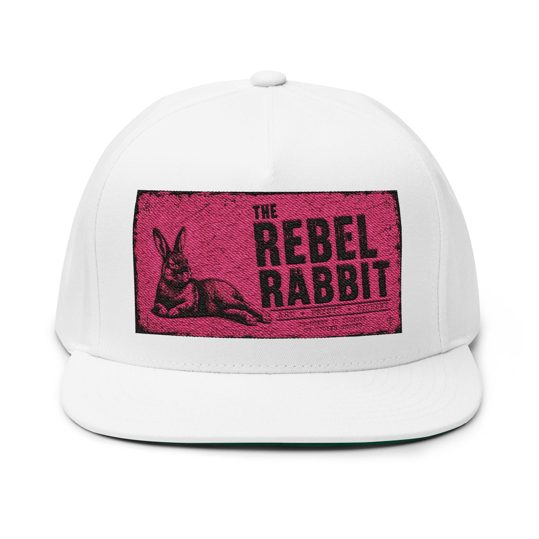 Rebel Rabbit Flat Bill Cap — Embroidered Pink Logo Snapback